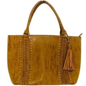 Vegan Chesnut Brown Tasseled Kraft Shoulder Bag Purse Tote Braid Rivet Carry Bag